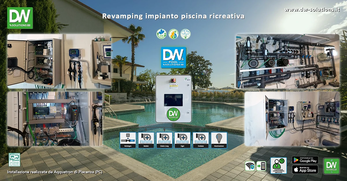 Impianto piscina personalizzato con automazione, trattamento e giochi d’acqua DW Solutions